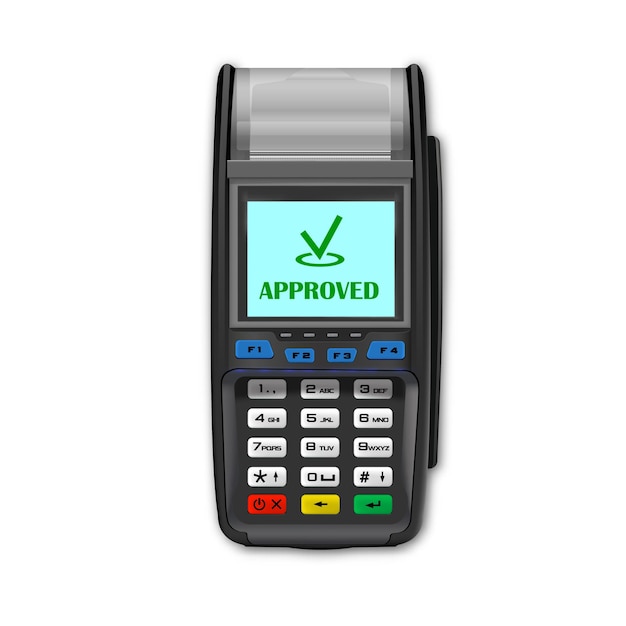 Vector Realista negro 3d Máquina de pago Terminal POS primer plano sobre un fondo blanco Plantilla de diseño para un terminal de pago bancario Disposición Dispositivo de procesamiento de pagos NFC Vista superior