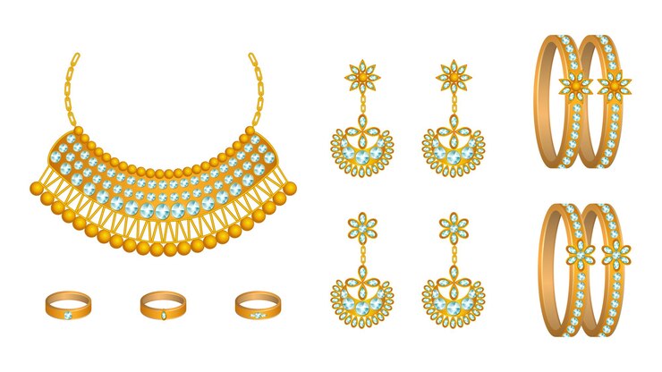 vector, de, realista, oro, joyería, conjunto, realista, vector, de, collar, brazaletes, anillos, y, pendientes