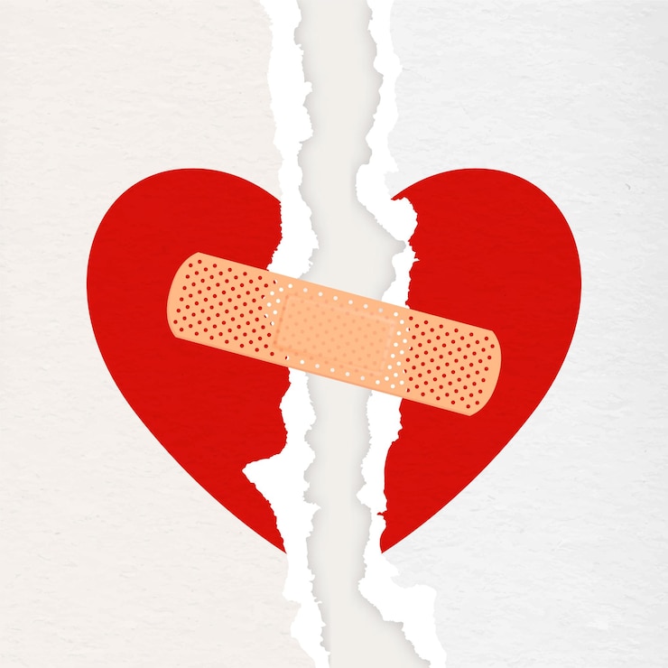 Vector vector realista papel texturado corazón rasgado con parche médico primer plano aislado sobre fondo blanco corazón roto divorcio día de san valentín relación concepto papel arte