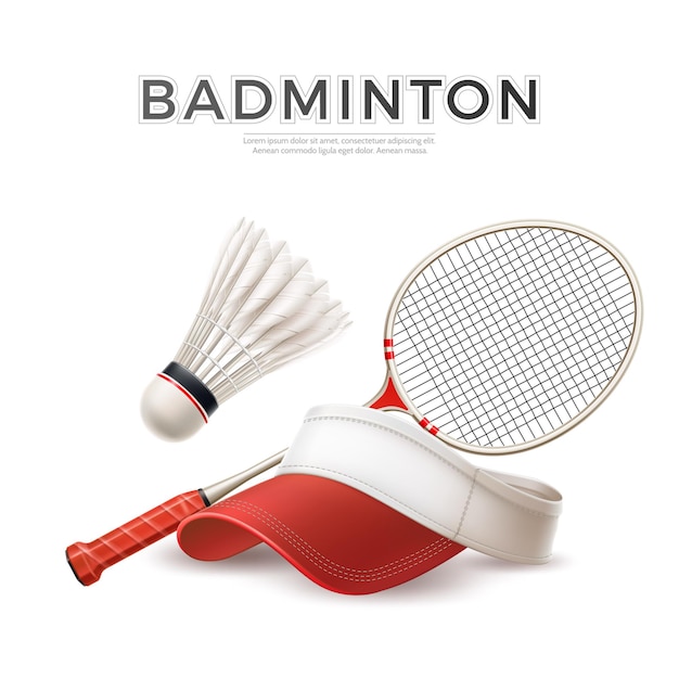 vector realista raqueta de bádminton con volante y gorra de tenis