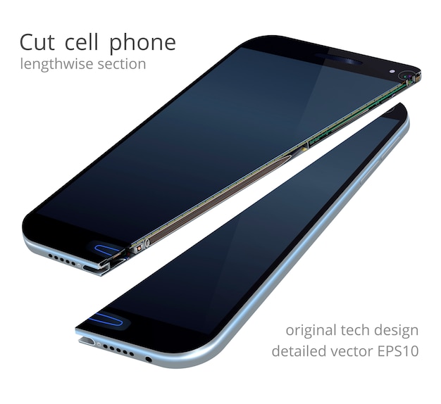 Vector realista teléfono inteligente. Sección transversal del teléfono móvil. Maqueta 3D original con corte por la mitad. Split moderno teléfono celular. Vista en sección de detalles electrónicos internos basados en un hardware real.