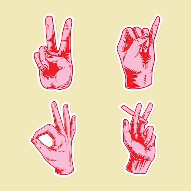 Vector de recursos de diseño de conjunto de pegatinas de signo de mano rojo fresco