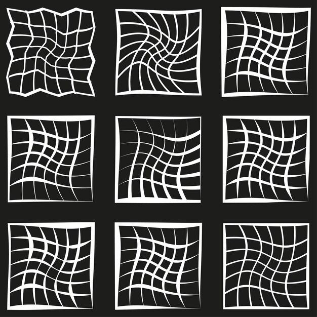 Vector de red deformado Diseño de cuadrícula deformada Forma de ilusión óptica azulejos cuadrados negros