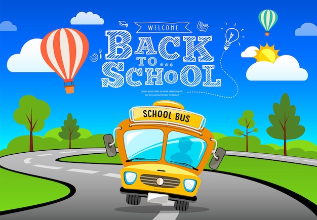 Vector vector de regreso al autobús escolar en la carretera y el concepto de árbol ilustración de fondo de diseño de banner