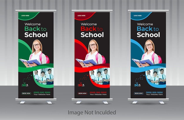 Vector de regreso a la escuela admisión educación estudio diseño de banner roll up banner plantilla