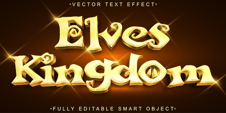 Vector vector del reino de los elfos brillantes objeto inteligente totalmente editable efecto de texto