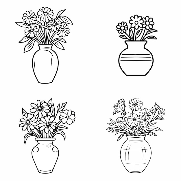 El vector representa un libro para colorear con jarrones de flores dibujados a mano