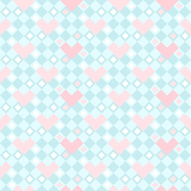 Vector Resumen de patrones sin fisuras de corazón rosa sobre fondo a cuadros azul y blanco Pixel
