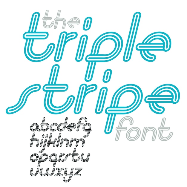 Vector retro colección de letras del alfabeto inglés en minúsculas. Cool fuente disco cursiva, el guión de la A a la Z se puede utilizar en el arte del cartel. Realizado con líneas triples paralelas geométricas.