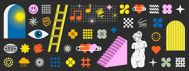 Vector retro elementos y2k y conjuntos de formas de brutalismo geométrico abstracto
