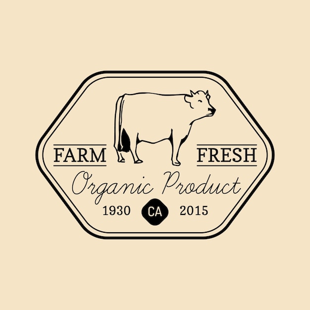 Vector retro granja logotipo fresco logotipo de productos orgánicos de primera calidad Icono de vaca esbozado vintage