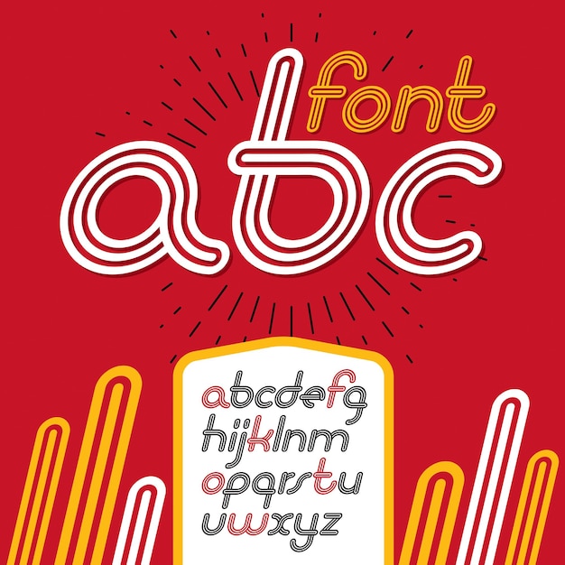 Vector retro letras del alfabeto inglés en minúsculas, colección abc. Cool fuente disco cursiva, el guión de la A a la Z se puede utilizar en el arte del cartel. Creado usando líneas paralelas de rayas triples.