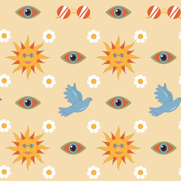 Vector retro de patrones sin fisuras con un sol margarita flores ojos paloma impresión vintage con elementos coloridos estilo plano fondo de verano hippie de amor y paz