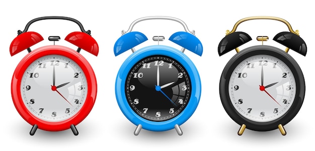 Vector retro reloj despertador aislado fondo blanco Conjunto antiguo Icono de color rojo azul negro