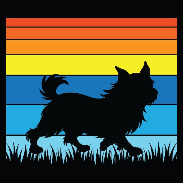 Vector retro de la silueta del perro grifo de Bruselas con puesta de sol vintage