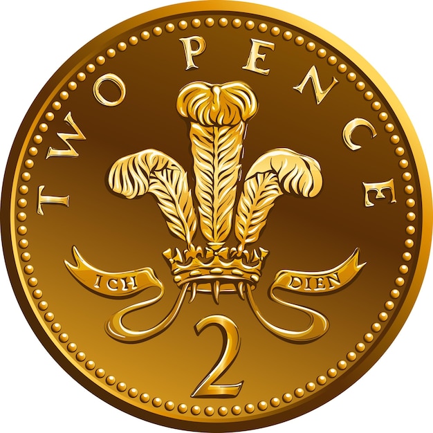 Vector reverso de la moneda de oro británica dos pipí o peniques con insignia del príncipe de gales penacho de avestruz ...