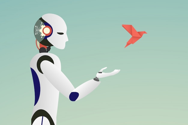 vector de robot lanzando un pájaro de papel rojo