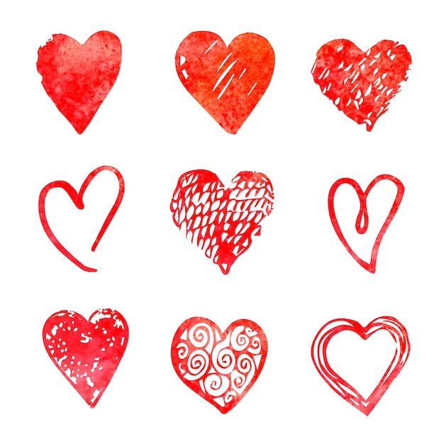 Vector rojo acuarela dibujada a mano con corazones Elementos de diseño para el día de San Valentín
