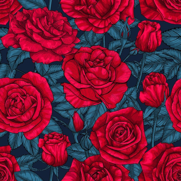 vector, rosas rojas, flores, y, hojas, seamless, patrón