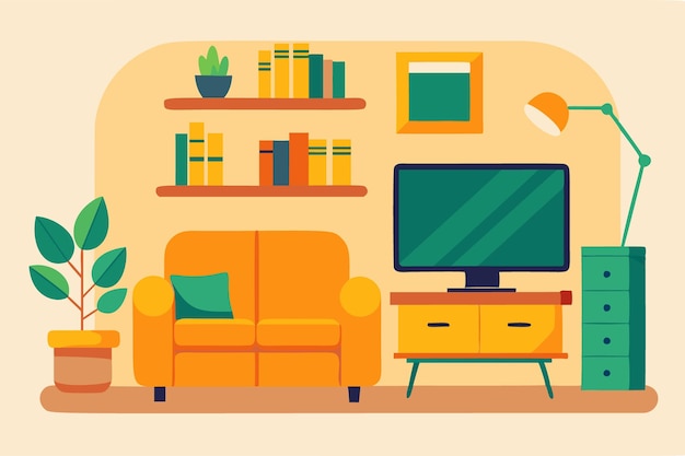 Vector de sala de estar moderna acogedora con tonos cálidos y decoración elegante