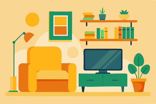 Vector de sala de estar moderna acogedora con tonos cálidos y decoración elegante
