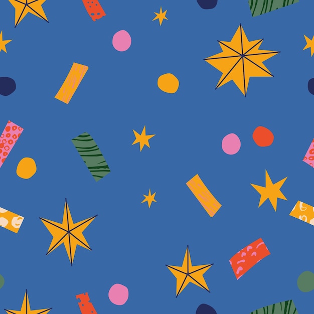 Vector saludos navideños de patrones sin fisuras Vacaciones de invierno elementos de diseño Estrellas doradas con confeti de colores