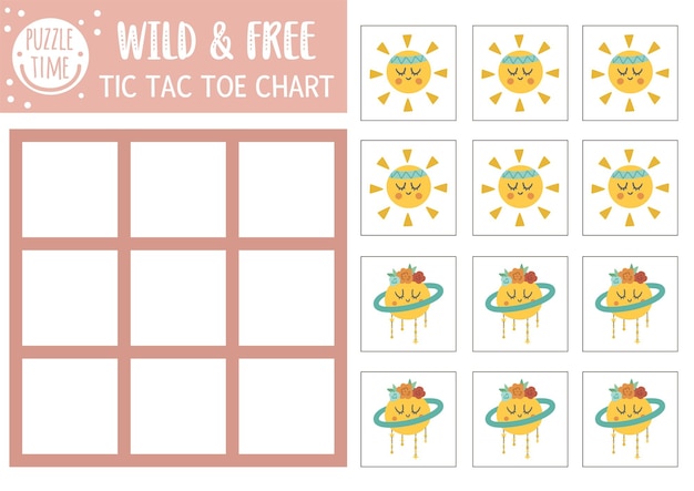 Vector salvaje y gratis tic tac toe chart con lindo planeta y sol campo de juego de juego de mesa de naturaleza étnica con hoja de trabajo imprimible divertida para niños cuadrícula de ceros y cruces xa