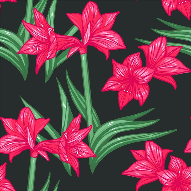Vector Seamless Amaryllis Floral Handdrawn Pattern Hippeastrum Flower fondo para sus proyectos de diseño moda textil papel tapiz scrapbook y etc.