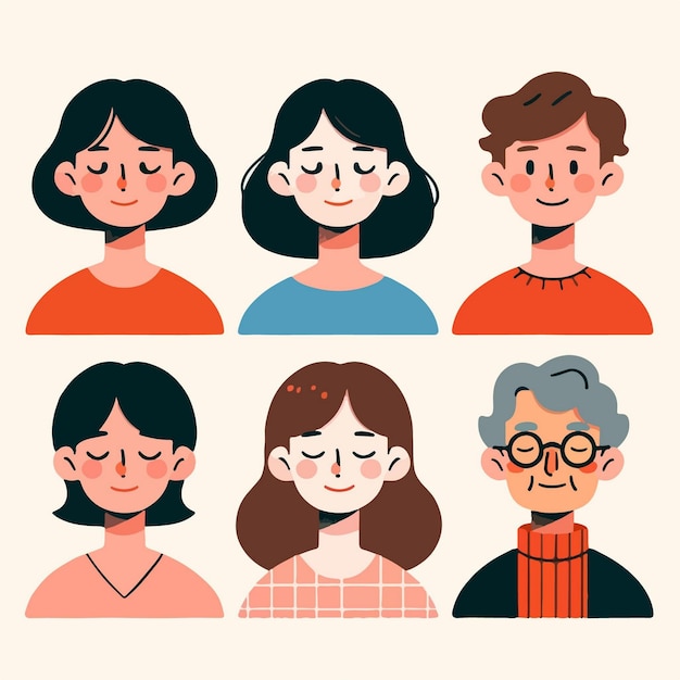 Vector seis retratos de personajes de dibujos animados dispuestos en dos filas de tres
