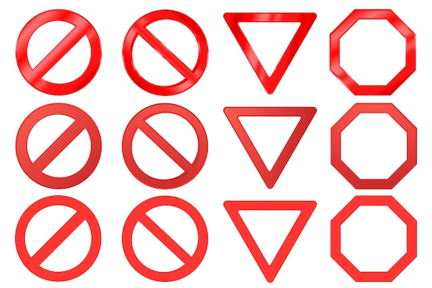 Vector de señales de advertencia rojas realistas Prohibición del tráfico por carretera y conjunto de señales prohibidas