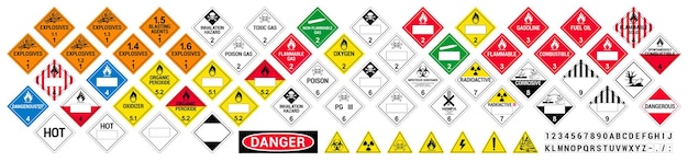 Vector de señales de materiales peligrosos. señales de advertencia del sistema globalmente armonizado. todas las clases. carteles aislados de materiales peligrosos. ghs