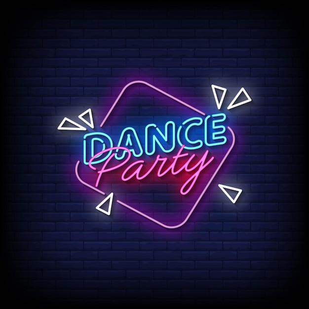 Vector de señales de neón de fiesta de baile con fondo de pared de ladrillo