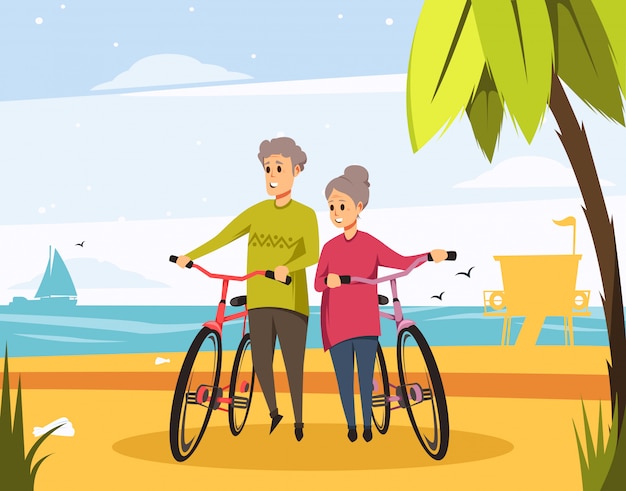 Vector senior pareja de ancianos en la playa con bicicletas