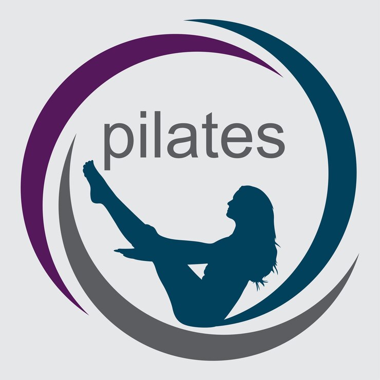 Vector, sentado, pose, pilates, mujer, silueta, niña, con, belleza, cuerpo, pelo, y, cara, en, gimnasio, logotipo, diseño