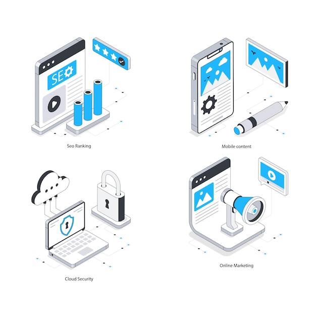 Vector de SEO y marketing Ilustración isométrica Eps 10 Conjunto de archivos 23