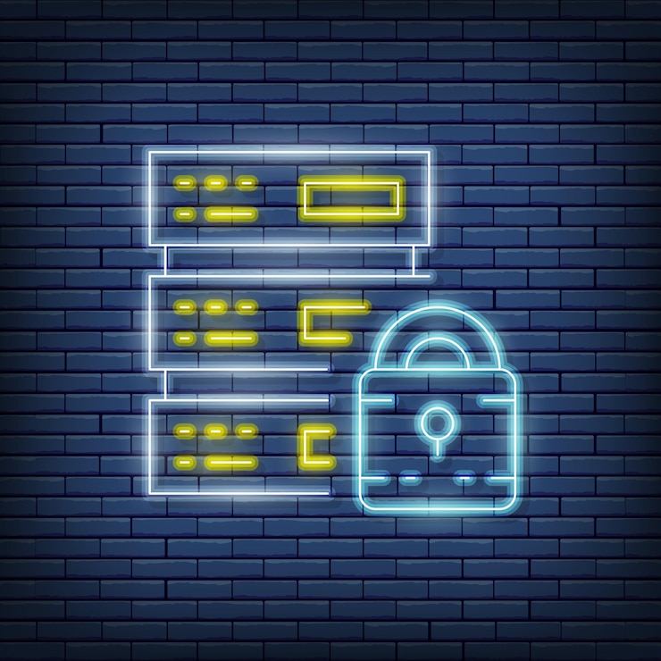 Vector vector servidor seguro centro de datos alojamiento web letrero de neón ilustración vectorial en estilo neón