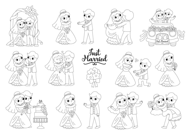 Vector set en blanco y negro con novia y novio línea linda pareja recién casada ceremonia de bodas página de colorear escenas de bodas de dibujos animados con anillos pastel luna de miel beso de arco de cochexa