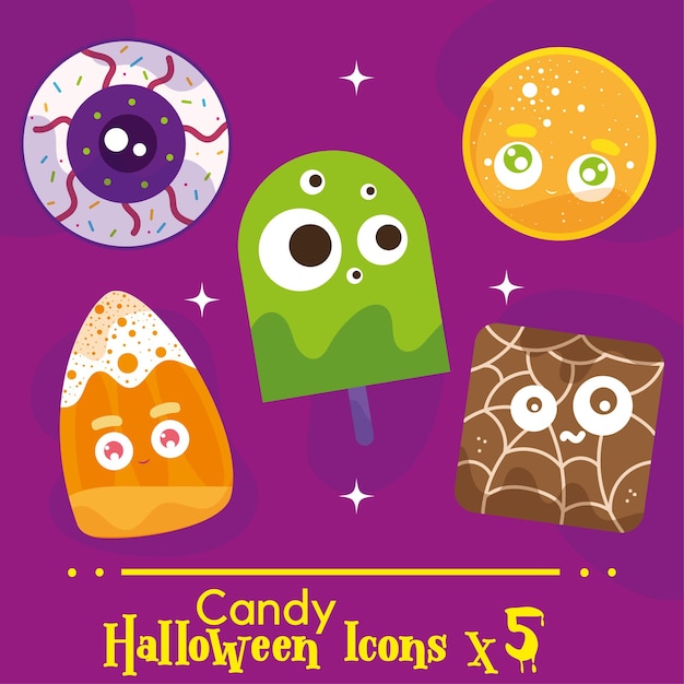 VECTOR SET CANDY HALLOWEEN LINDAS ILUSTRACIONES E ICONOS GUMMY BROWNIE OJO Y POPSICLE AISLADOS