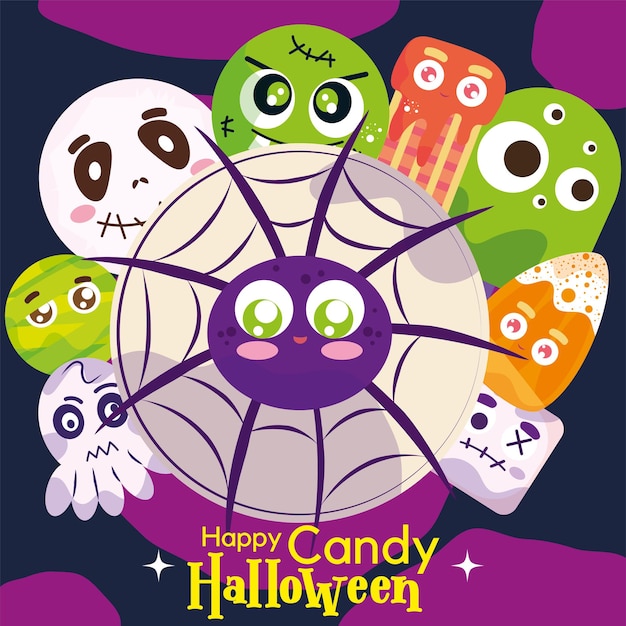 VECTOR SET CANDY HALLOWEEN LINDO ILUSTRACIONES E ICONOS WEB ARAÑA ZOMBIE FANTASMA Y MOMIA