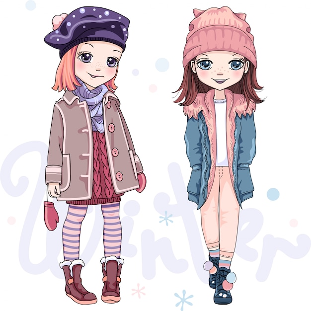 Vector SET chicas en ropa de invierno