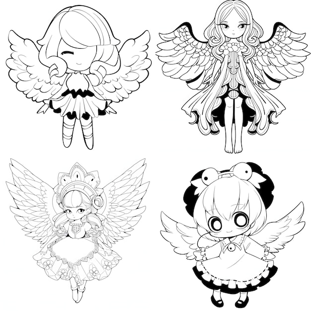 Vector set dibujos animados página de colorear anime manga kawaii niños sin sombra sin detalles v 51 s 50
