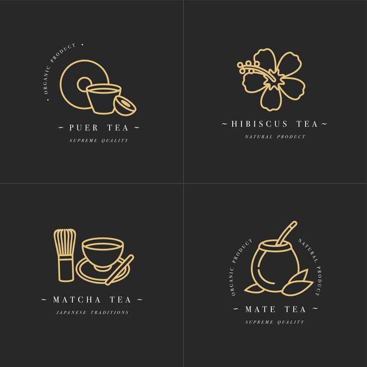 Vector set diseño oro plantillas logo y emblemas - hierbas orgánicas y tés. Diferentes tés icon-puer, hibisco, mate y matcha. Logotipos en estilo lineal de moda aislado sobre fondo blanco.
