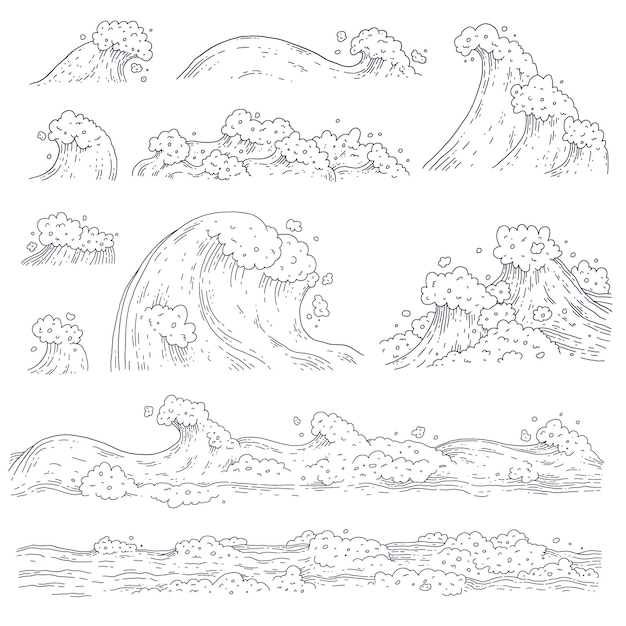 Vector set olas mar océano. Grandes y pequeñas ráfagas salpican de espuma y burbujas. Esquema doddle sketch ilustración en blanco y negro.