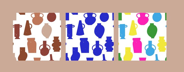 Vector vector set patrones sin costuras con jarrones de arcilla con diferentes formas y formas cerámica geométrica de color azul oscuro cerámica hecha a mano