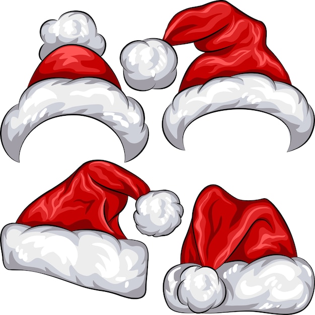 Vector set rojo navidad santa claus sombreros aislado sobre fondo blanco.