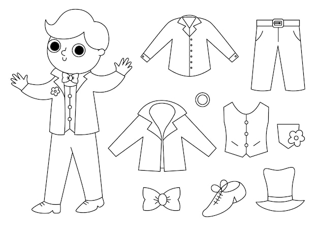 Vector vector set de ropa de novio en blanco y negro chico recién casado con accesorios de traje pack de iconos de la línea de la ceremonia de boda colección de caballeros bonitos o página para colorear con zapatos de corbata camisa xa