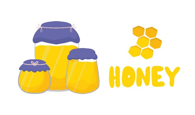 Vector set tarro de miel cuchara de madera abeja miel flores azules Estilo plano de dibujos animados