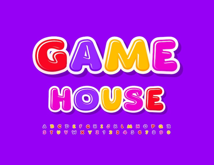 Vector vector signo divertido game house. fuente de niños brillantes. conjunto de letras y números del alfabeto creativo