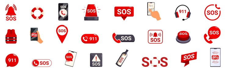 Vector vector de signo sos una colección de iconos para el botón sos incluyendo un teléfono móvil una botella