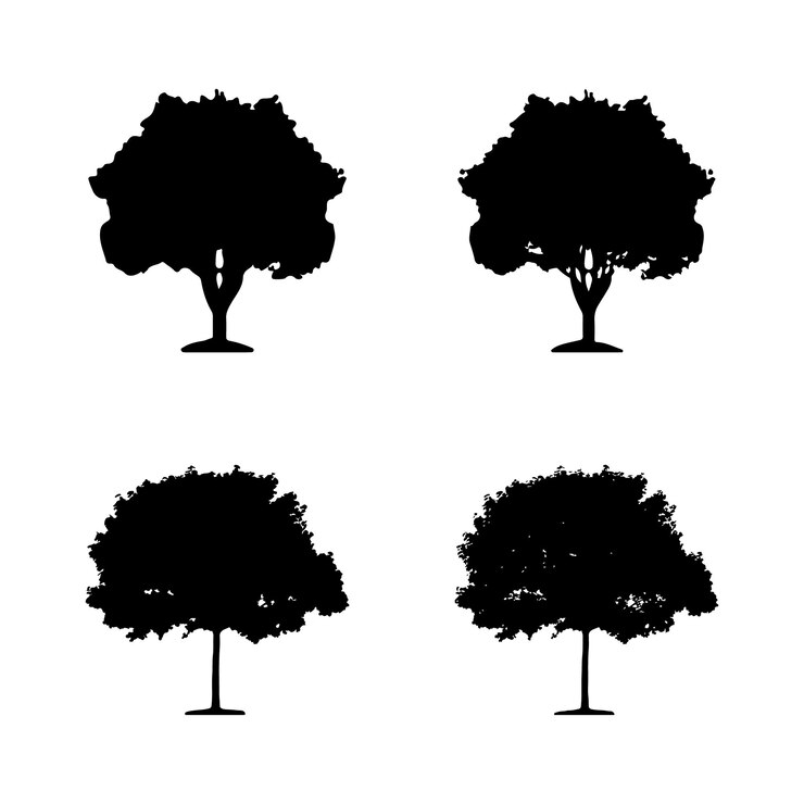 Vector de silueta de árbol. Siluetas de árboles forestales aislados en negro sobre fondo blanco Vector.
